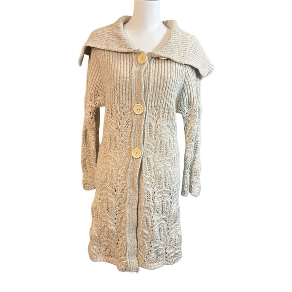 Tandem Sweaters - TANDEM Cowl Collar. Cream Cardigan Sweater Virgin Wool Italian Size 42 Medium